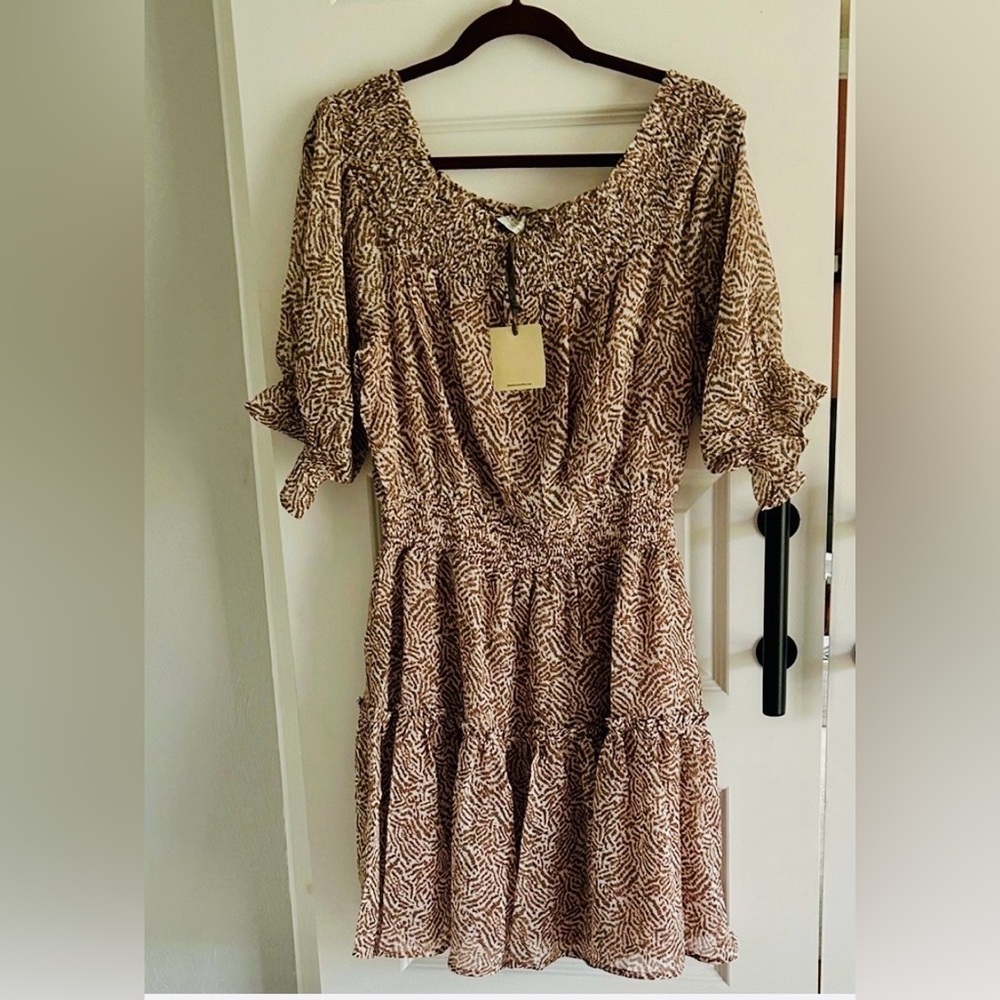 Anthropologie Dress Forum Women's Brown Beige Printed Tiered Short Dress large